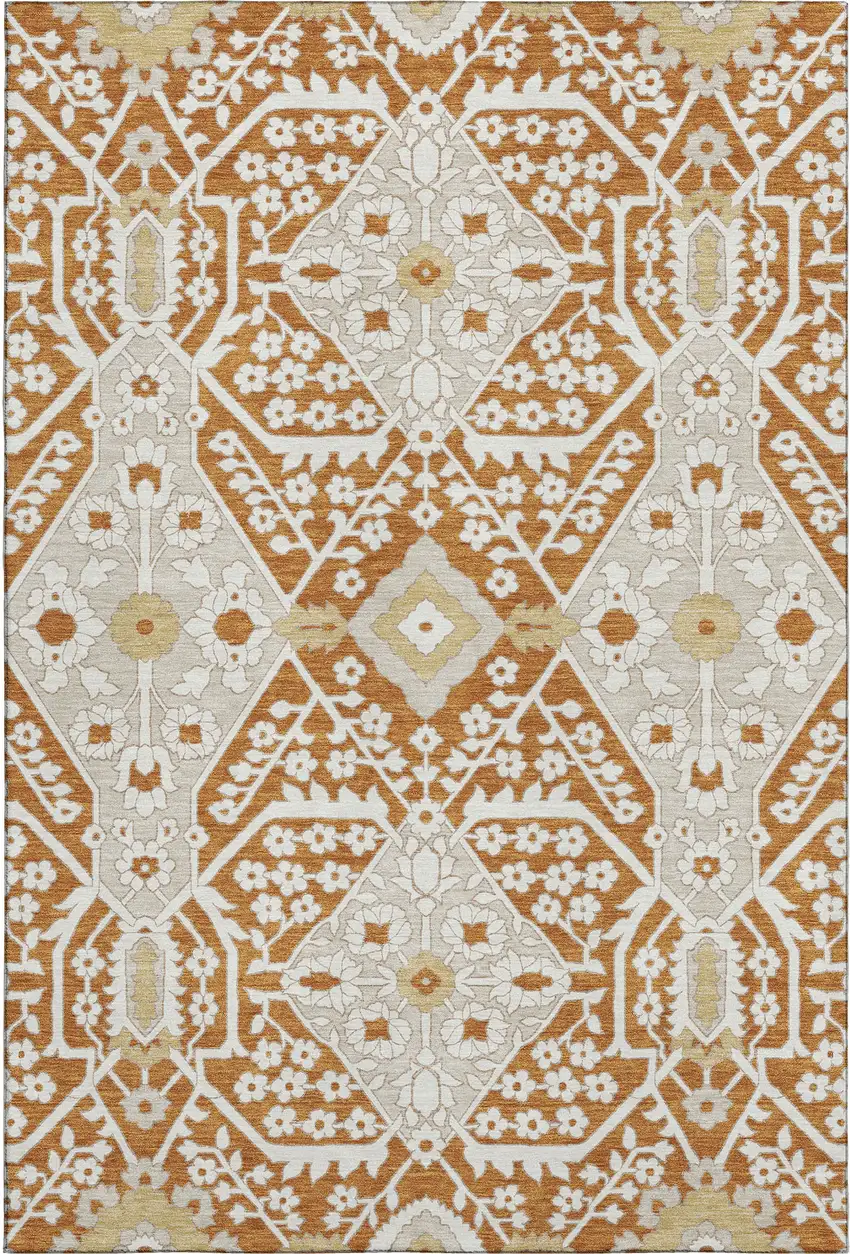 Rust Beige And Gold Floral Washable Area Rug With UV Protection Photo 2