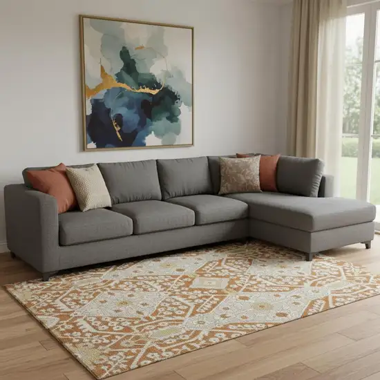 Rust Beige And Gold Floral Washable Area Rug With UV Protection Photo 1