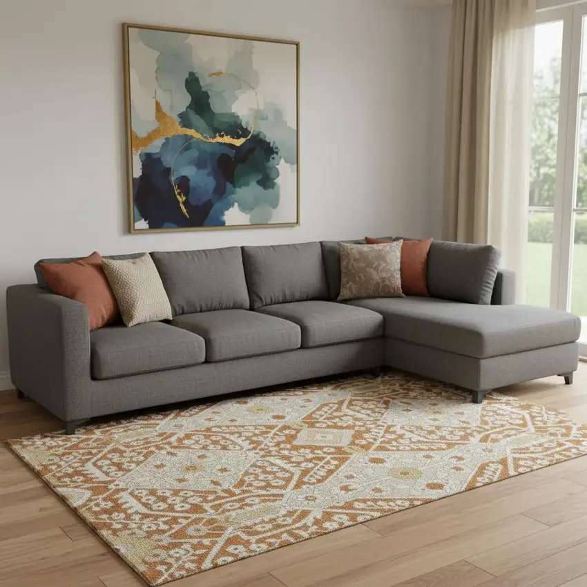 Rust Beige And Gold Floral Washable Area Rug With UV Protection Photo 1