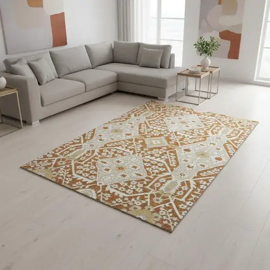 Rust Beige And Gold Floral Washable Area Rug With UV Protection Photo 1