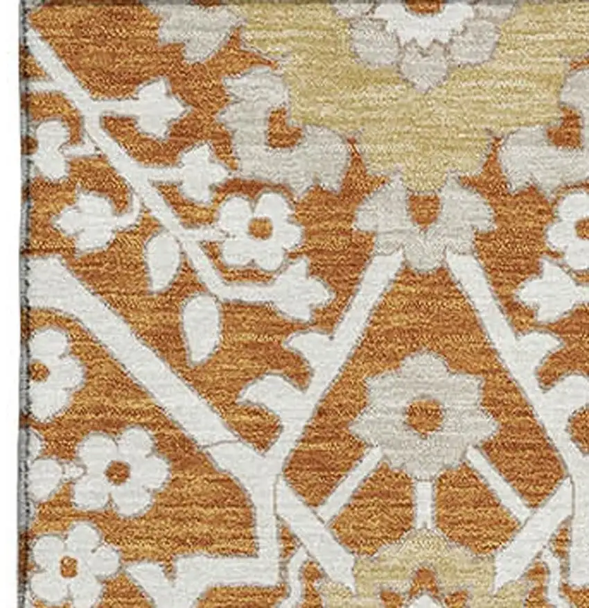 Rust Beige And Gold Floral Washable Area Rug With UV Protection Photo 5