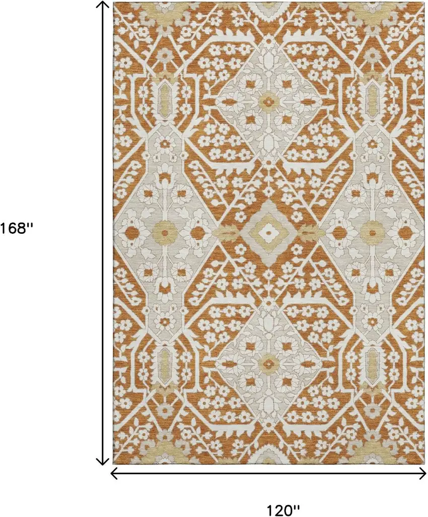 Rust Beige And Gold Floral Washable Area Rug With UV Protection Photo 3
