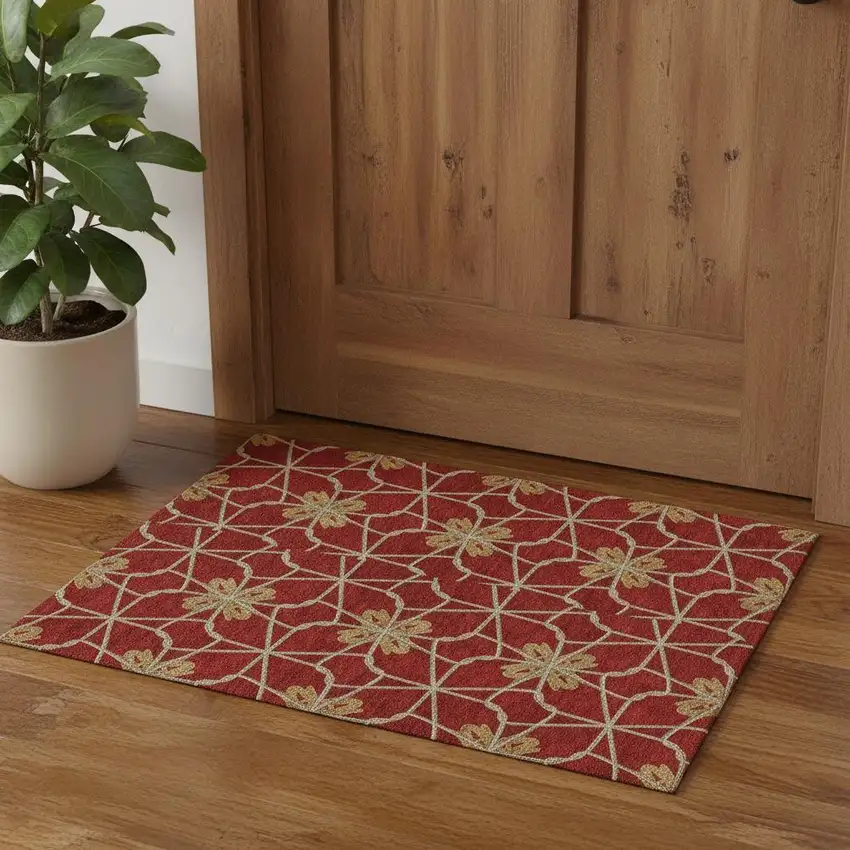 Rust Beige And Gold Geometric Washable Area Rug With UV Protection Photo 1