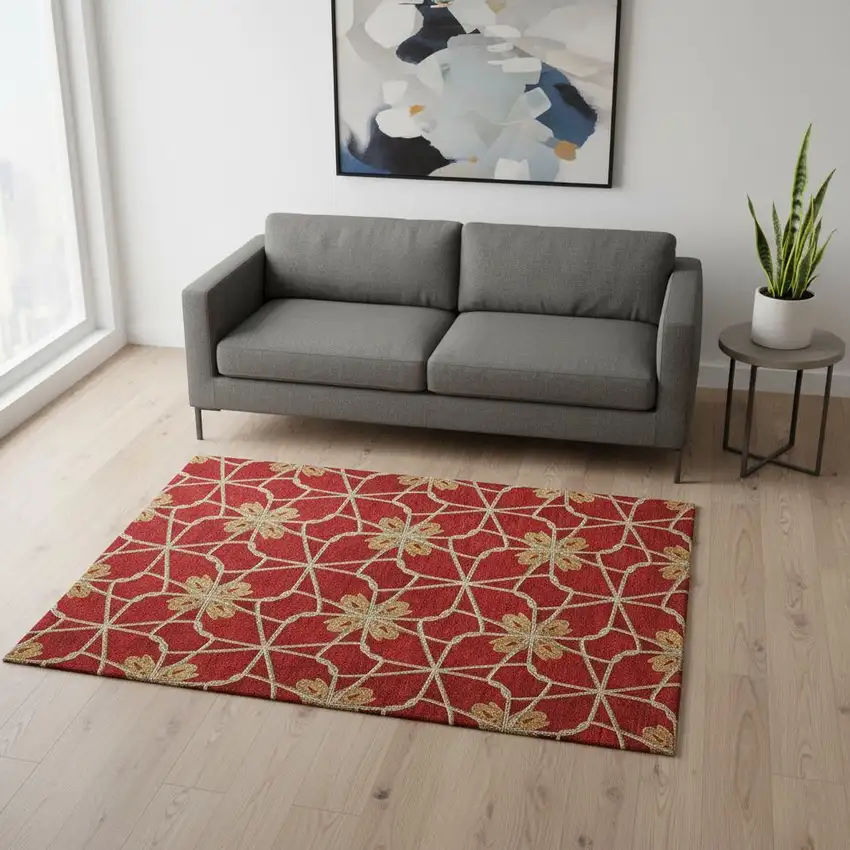 Rust Beige And Gold Geometric Washable Area Rug With UV Protection Photo 2