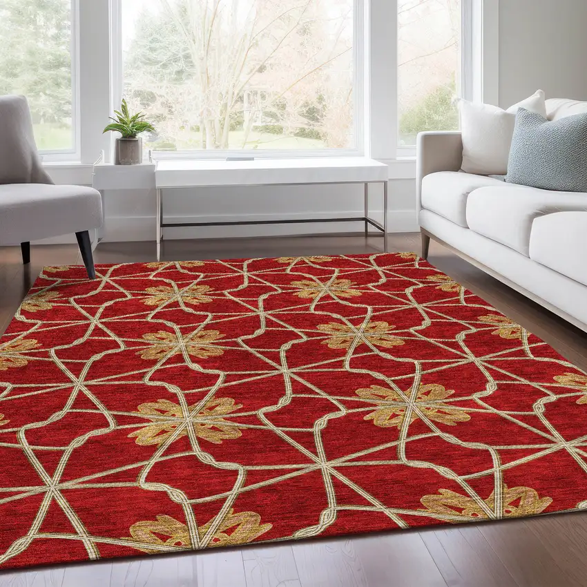 Rust Beige And Gold Geometric Washable Area Rug With UV Protection Photo 5