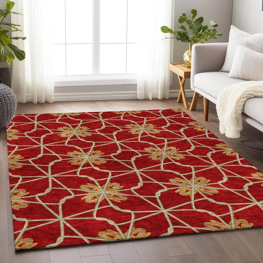 Rust Beige And Gold Geometric Washable Area Rug With UV Protection Photo 4