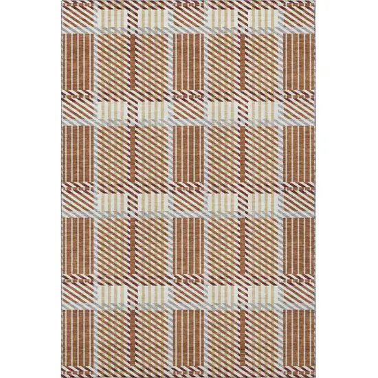 Rust Beige And Gray Plaid Washable Area Rug With UV Protection Photo 3