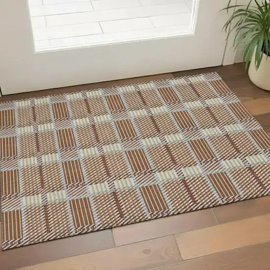 Rust Beige And Gray Plaid Washable Area Rug With UV Protection Photo 2
