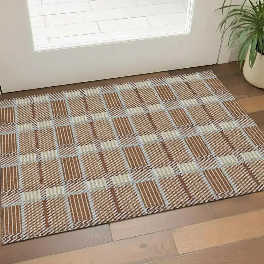 Rust Beige And Gray Plaid Washable Area Rug With UV Protection Photo 2