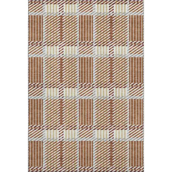 Rust Beige And Gray Plaid Washable Area Rug With UV Protection Photo 1