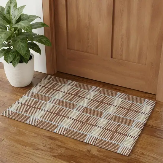 Rust Beige And Gray Plaid Washable Area Rug With UV Protection Photo 1