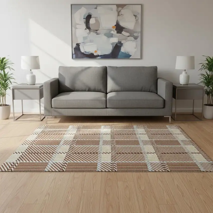 Rust Beige And Gray Plaid Washable Area Rug With UV Protection Photo 2