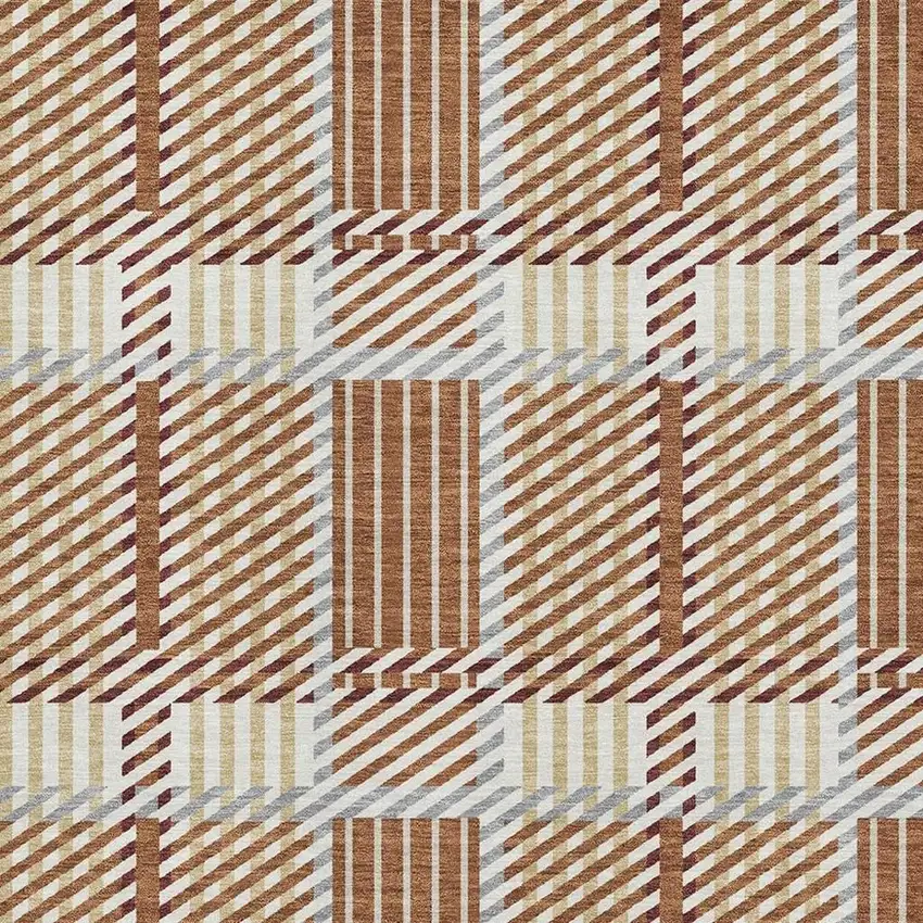 Rust Beige And Gray Plaid Washable Area Rug With UV Protection Photo 2