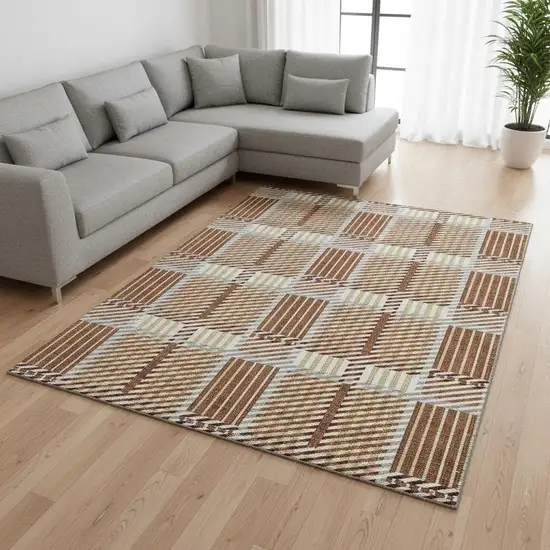 Rust Beige And Gray Plaid Washable Area Rug With UV Protection Photo 2
