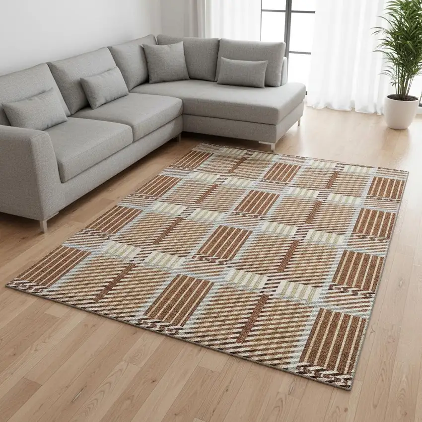 Rust Beige And Gray Plaid Washable Area Rug With UV Protection Photo 2