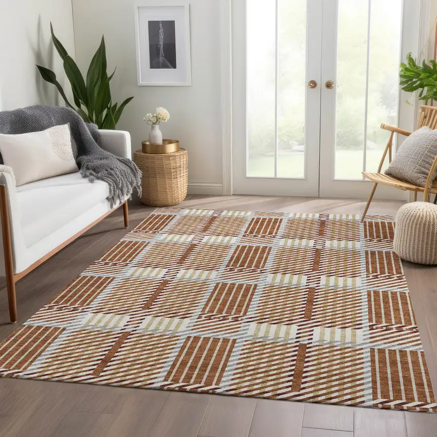 Rust Beige And Gray Plaid Washable Area Rug With UV Protection Photo 5