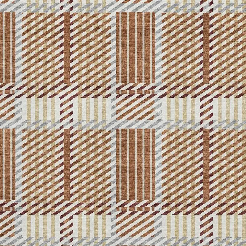 Rust Beige And Gray Plaid Washable Area Rug With UV Protection Photo 2