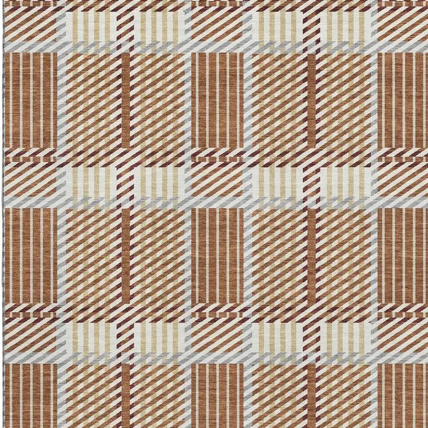 Rust Beige And Gray Plaid Washable Area Rug With UV Protection Photo 3