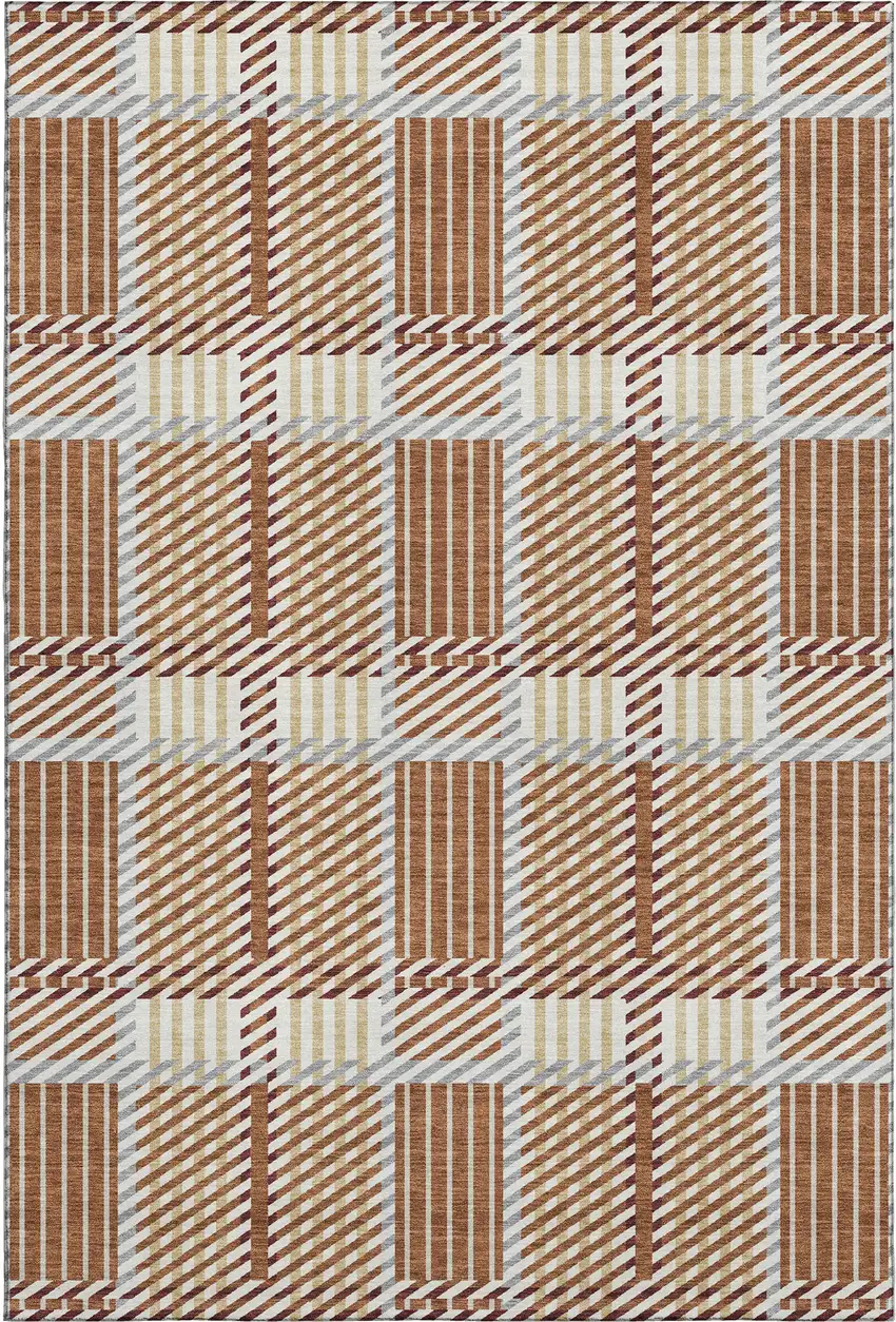 Rust Beige And Gray Plaid Washable Area Rug With UV Protection Photo 1