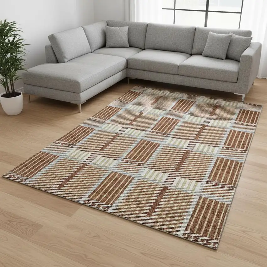 Rust Beige And Gray Plaid Washable Area Rug With UV Protection Photo 2