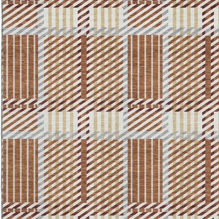 Rust Beige And Gray Plaid Washable Area Rug With UV Protection Photo 2