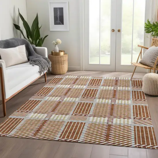 Rust Beige And Gray Plaid Washable Area Rug With UV Protection Photo 5