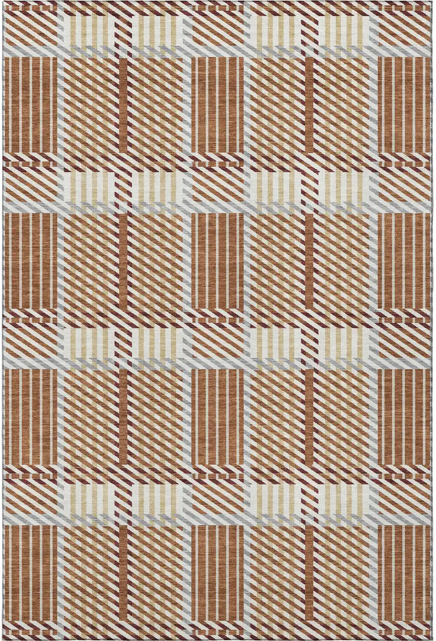 Rust Beige And Gray Plaid Washable Area Rug With UV Protection Photo 3