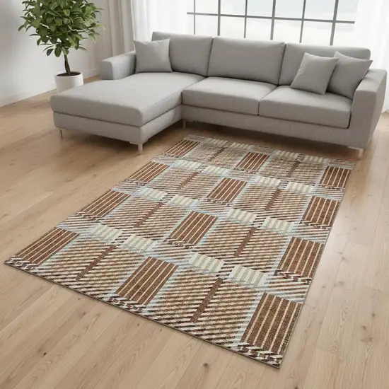 Rust Beige And Gray Plaid Washable Area Rug With UV Protection Photo 2
