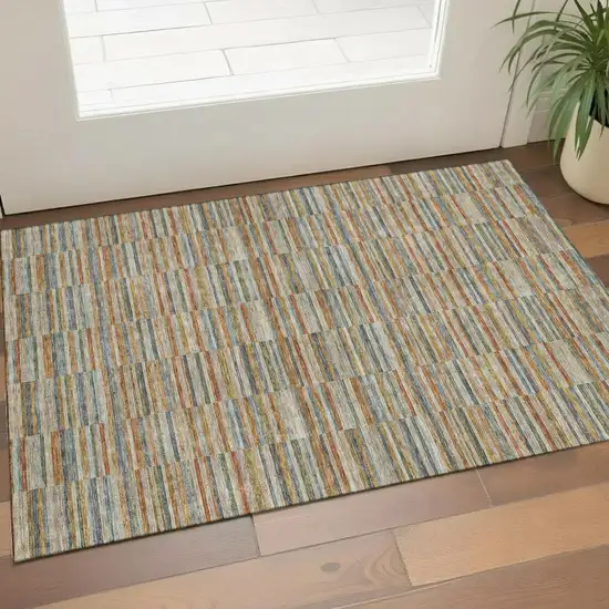 Rust Beige And Gray Striped Washable Area Rug With UV Protection Photo 1