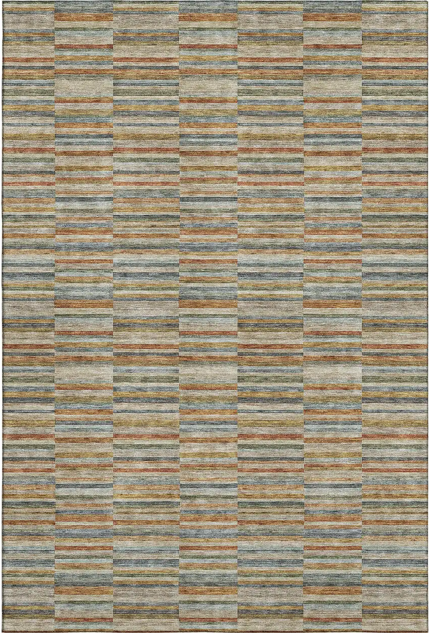 Rust Beige And Gray Striped Washable Area Rug With UV Protection Photo 1