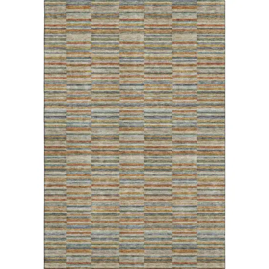 Rust Beige And Gray Striped Washable Area Rug With UV Protection Photo 1