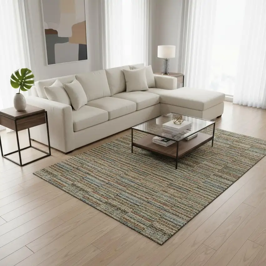 Rust Beige And Gray Striped Washable Area Rug With UV Protection Photo 2