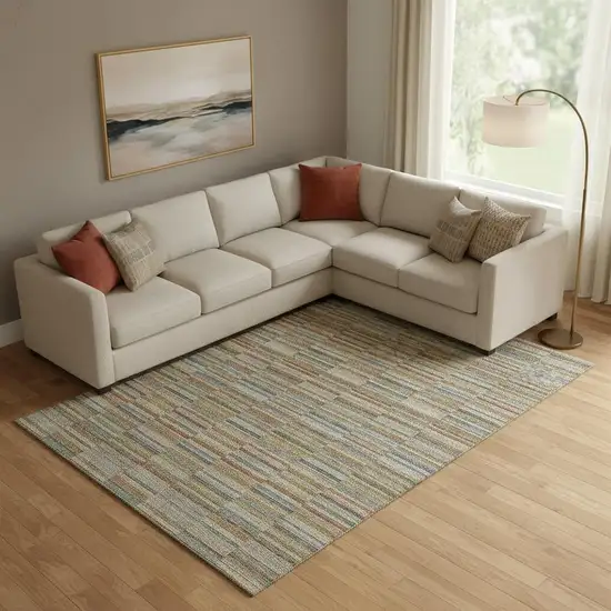 Rust Beige And Gray Striped Washable Area Rug With UV Protection Photo 1