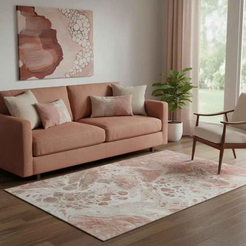 Rust Beige And Ivory Abstract Washable Area Rug With UV Protection Photo 2