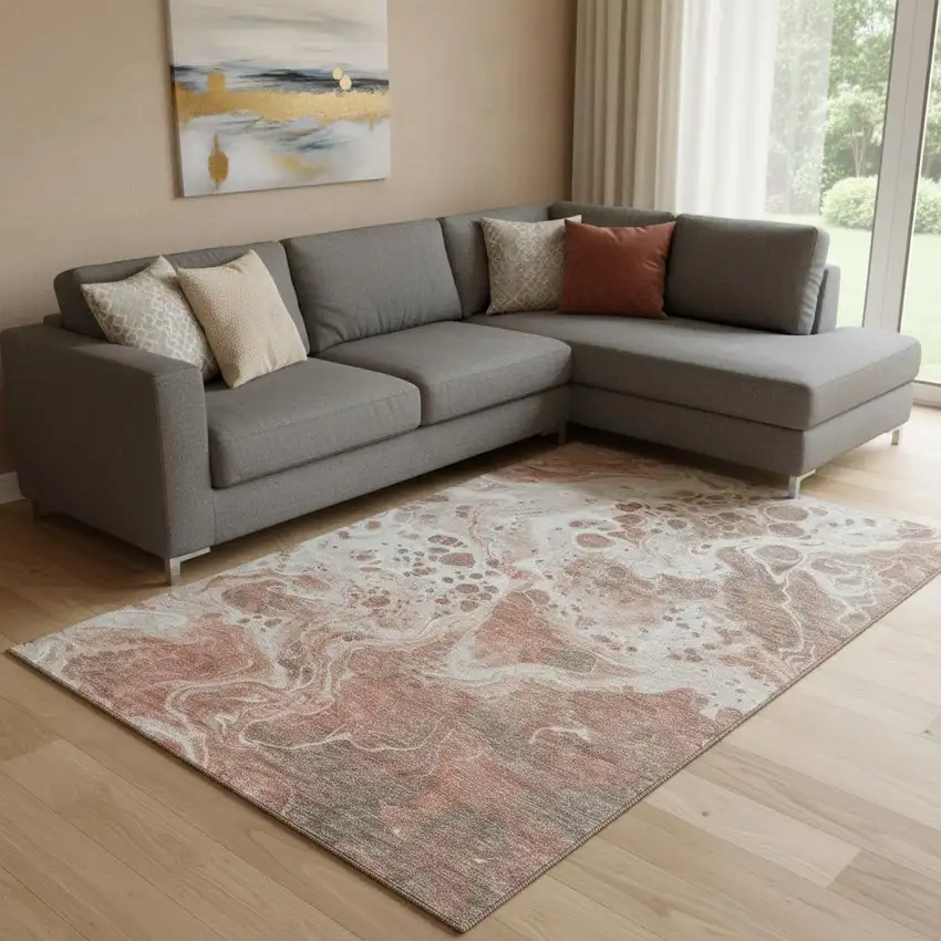 Rust Beige And Ivory Abstract Washable Area Rug With UV Protection Photo 2