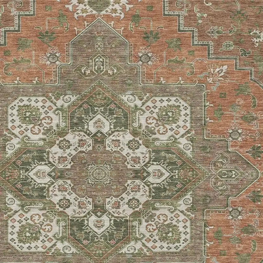 Rust Beige And Olive Green Oriental Washable Area Rug With UV Protection Photo 2