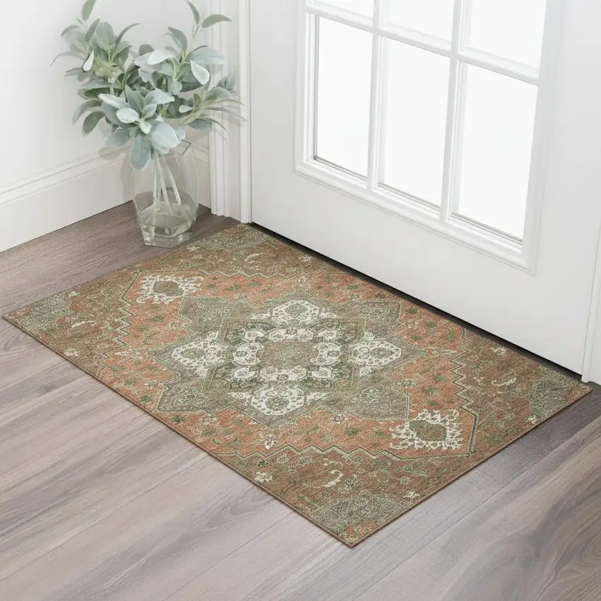 Rust Beige And Olive Green Oriental Washable Area Rug With UV Protection Photo 2