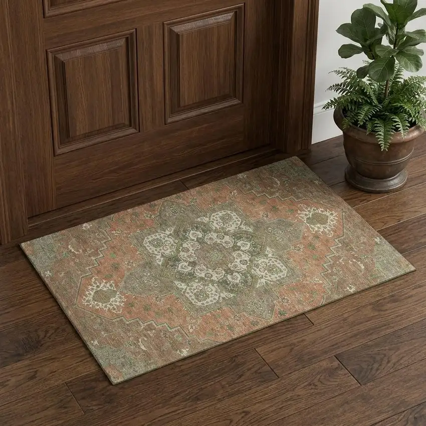 Rust Beige And Olive Green Oriental Washable Area Rug With UV Protection Photo 1