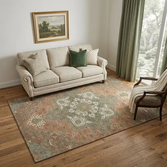 Rust Beige And Olive Green Oriental Washable Area Rug With UV Protection Photo 1