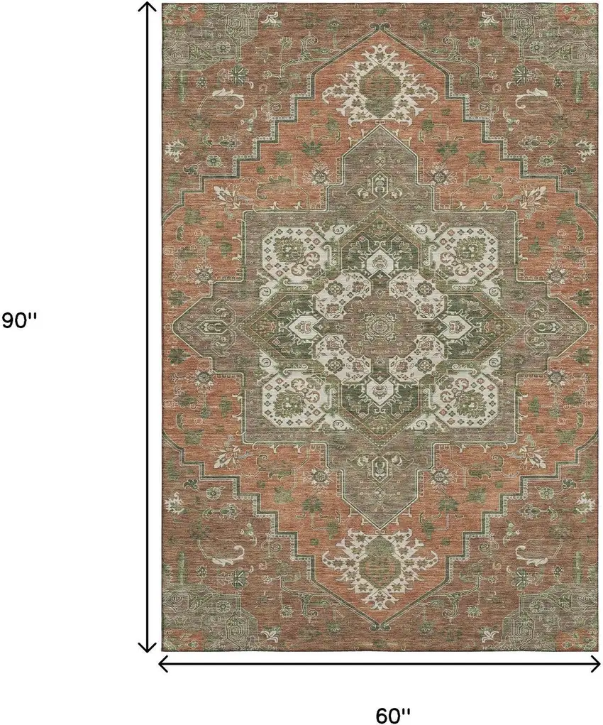 Rust Beige And Olive Green Oriental Washable Area Rug With UV Protection Photo 6