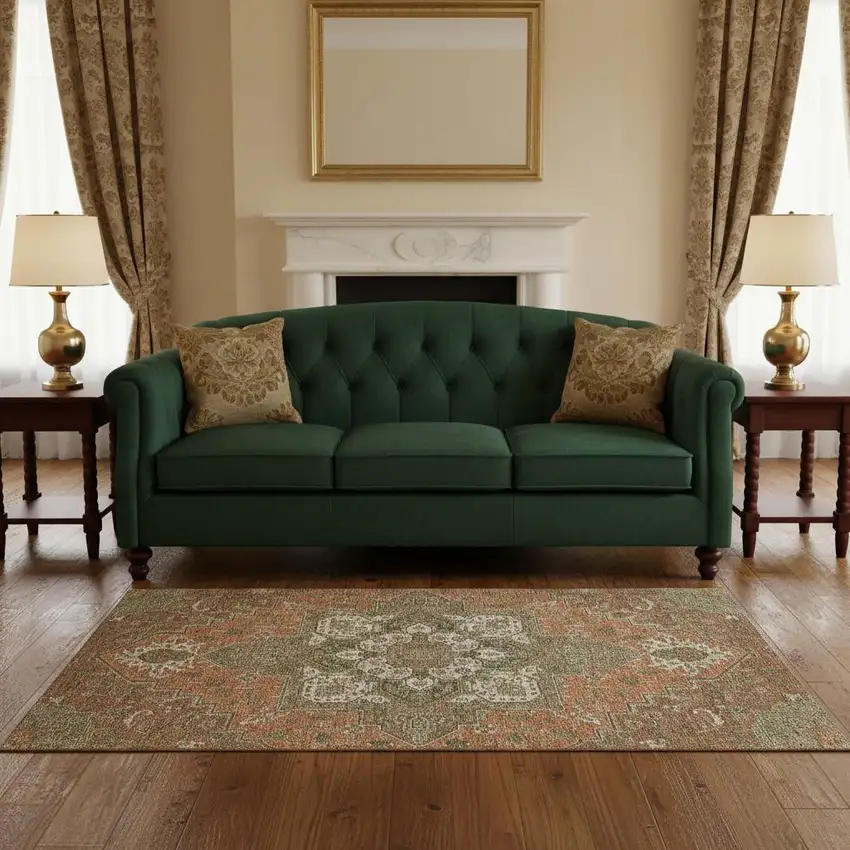 Rust Beige And Olive Green Oriental Washable Area Rug With UV Protection Photo 2