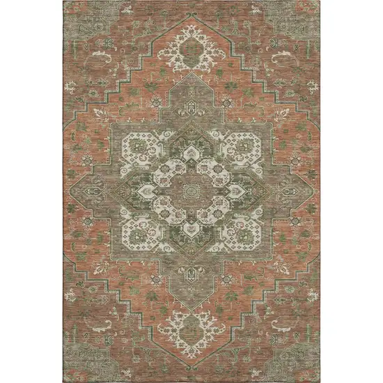 Rust Beige And Olive Green Oriental Washable Area Rug With UV Protection Photo 1
