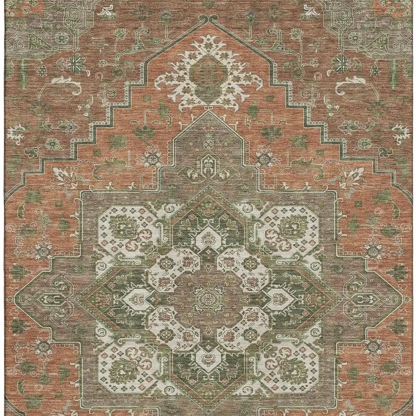 Rust Beige And Olive Green Oriental Washable Area Rug With UV Protection Photo 3