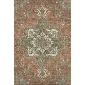 Photo of Rust Beige And Olive Green Oriental Washable Area Rug With UV Protection