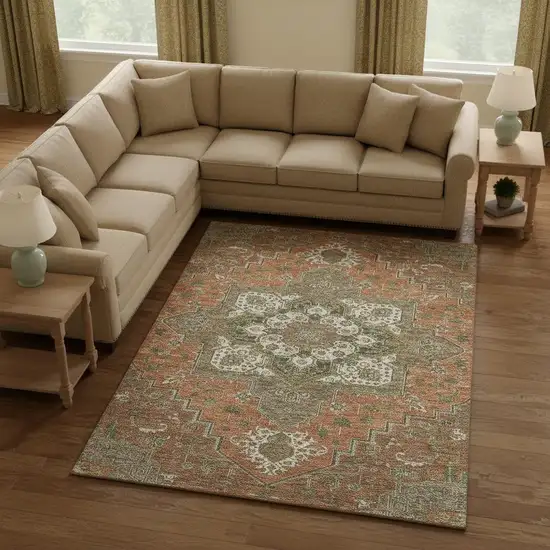Rust Beige And Olive Green Oriental Washable Area Rug With UV Protection Photo 2