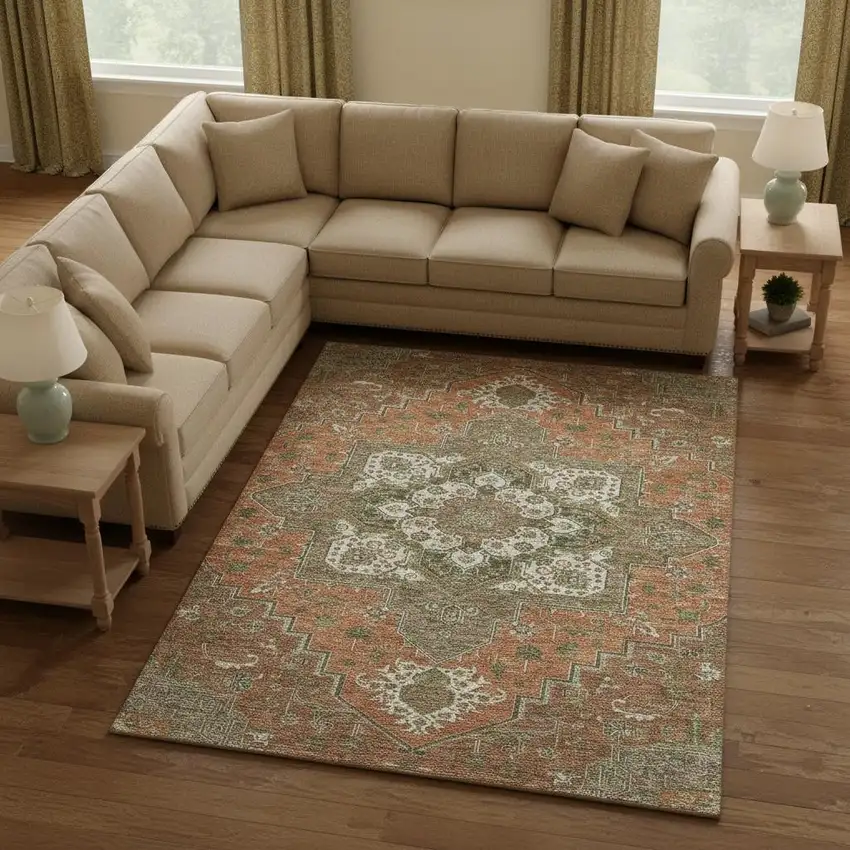 Rust Beige And Olive Green Oriental Washable Area Rug With UV Protection Photo 2