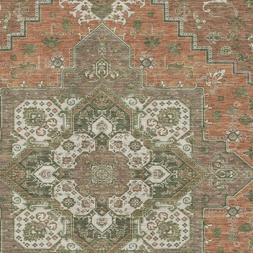 Rust Beige And Olive Green Oriental Washable Area Rug With UV Protection Photo 2