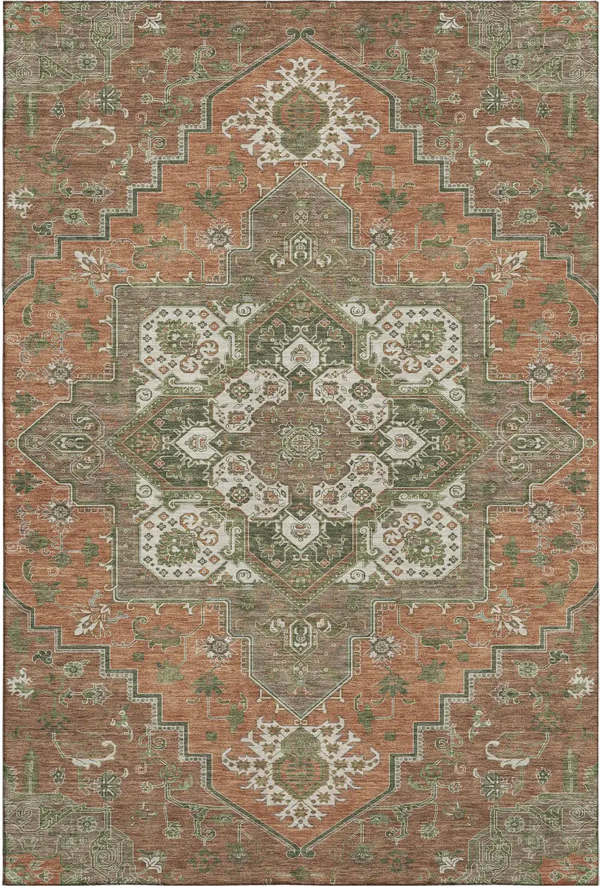 Rust Beige And Olive Green Oriental Washable Area Rug With UV Protection Photo 1