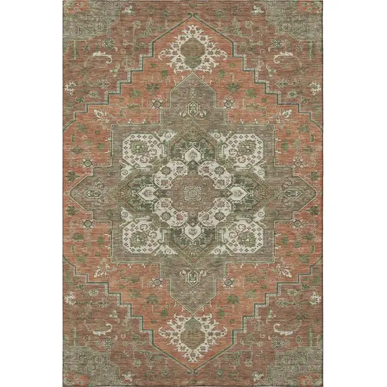 Rust Beige And Olive Green Oriental Washable Area Rug With UV Protection Photo 2