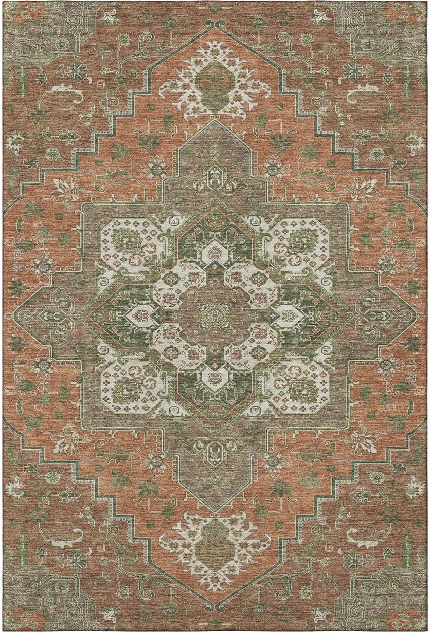 Rust Beige And Olive Green Oriental Washable Area Rug With UV Protection Photo 2